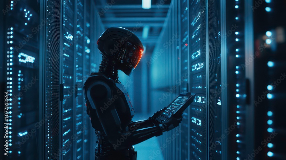 Leinwandbilder A futuristic robot in a server room, monitoring the network and servers.