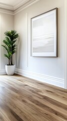 Fototapeta premium A bright, modern space featuring wooden flooring, a large abstract frame on the wall, and a potted plant adding a touch of greenery.