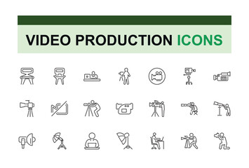 Obraz premium Video Production icon collection. Contains related to video, web, content, digital, picture, entertainment, television and more. Thin outline icons pack. Vector illustration in modern line style.