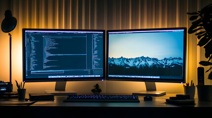Fototapeta premium A desk with two monitors, one displaying code and the other a landscape.