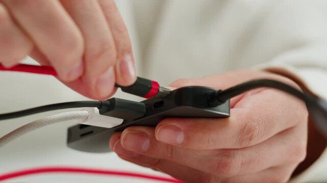 Using special adapter with many various of connector close-up. Adapter with phone, headphones, usb connectors.Tangled wires on table. Trying to untangle many messy cables.