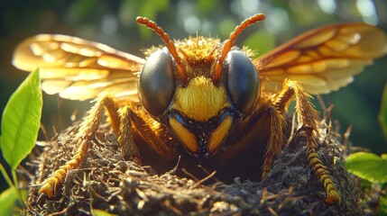 A close-up of a bee with large, blue eyes and a furry yellow body, perched on a nest in a lush, green forest.