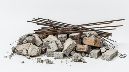 Pile of broken concrete, bricks, and metal rods lie on a white background.