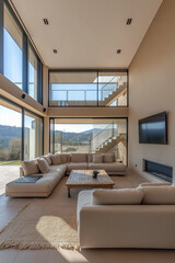 Fototapeta premium Helles und modernes Wohnzimmer mit Blick auf die Natur