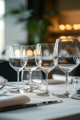 Obraz premium Elegant wine glasses set on fine dining table