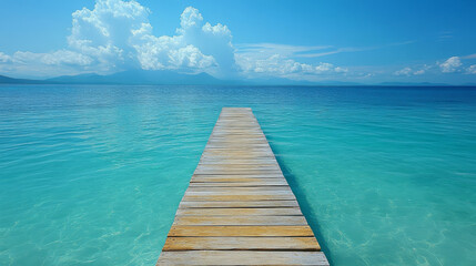 Obraz premium serene wooden pier extends into tranquil turquoise sea, surrounded by soft clouds and distant mountains, evoking sense of peace and relaxation
