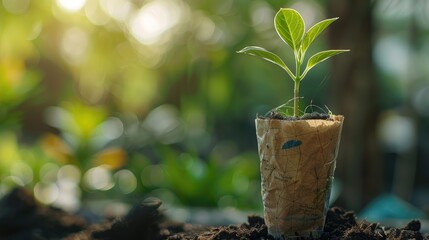 Seedling plant in paper pot, reusable recycling concept. Eco green sustainable living, zero waste, plastic free, reponsible consumption. earth day concept, blurred green background