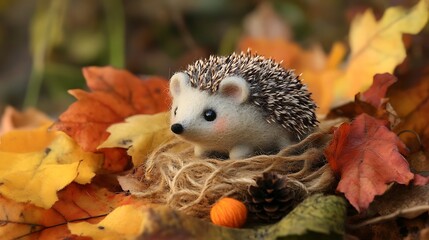 Obraz premium A cute, white and brown hedgehog figurine sitting on a bed of autumn leaves with a pinecone and a ball of orange yarn.