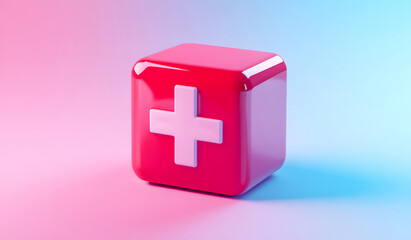 Obraz premium 3D Red Medical Cube with a White Cross on a Gradient Background