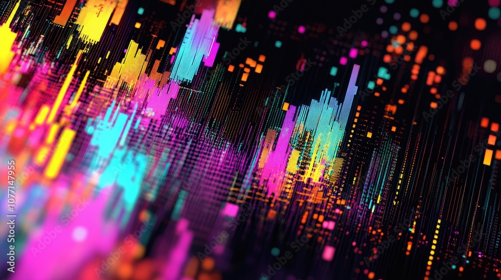 Poster vibrant abstract digital art depicting colorful sound waves and data visualizations in a dynamic flo
