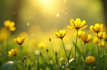 Fototapeta premium mustard flowers blooming with fairy dust overlay in soft, dreamy fantasy setting
