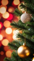 Obraz premium Christmas ornaments hanging from a christmas tree branch create a festive atmosphere with warm bokeh lights in the background