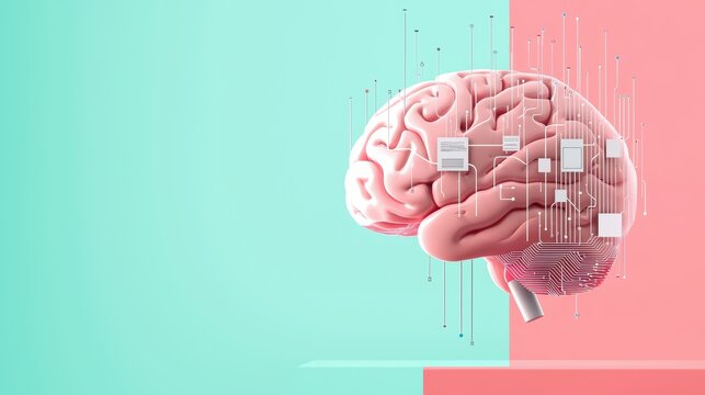 A cartoon brain with circuit boards and wires visible beneath a transparent skull, representing the integration of technology and human intelligence.