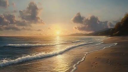 Calm beach, soft sunlight, distant horizon, gentle ocean waves at sunset.