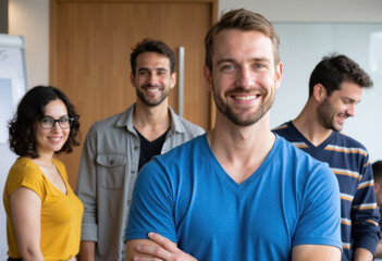 Fototapeta premium A group of cheerful individuals in a meeting room.