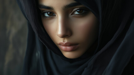 Naklejka premium A close-up of a young Arab woman in a flowing abaya, her expression serene as the fabric drapes elegantly around her