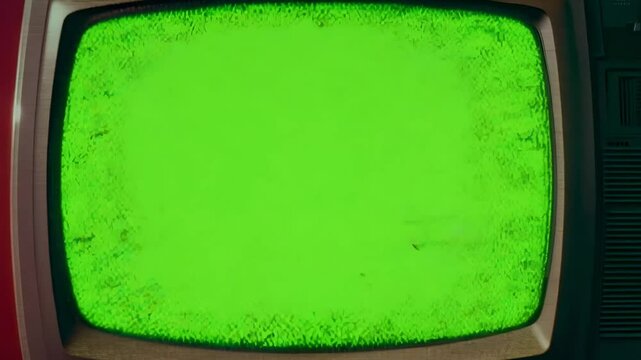 Vintage tv with green screen transitioning static effects in retro style.
