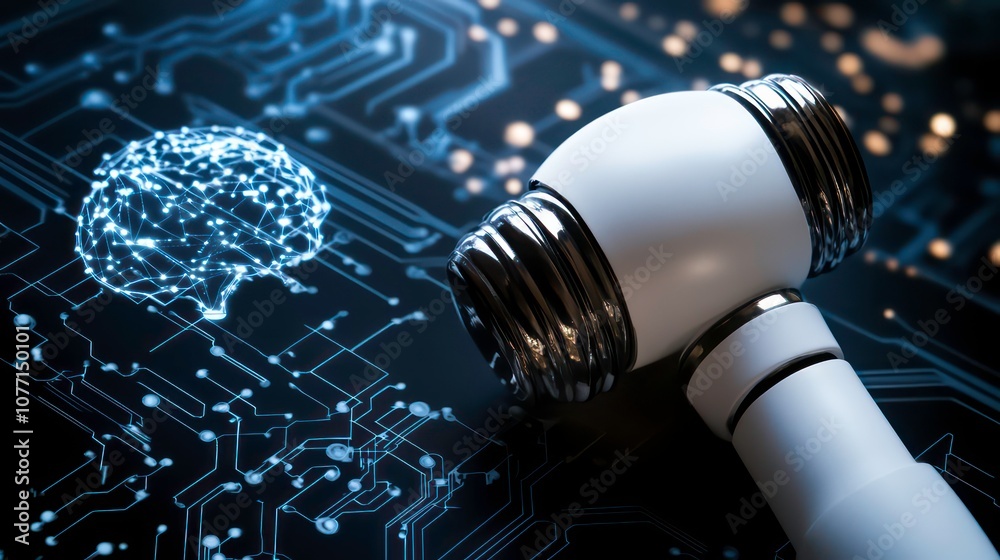 Aufkleber A white gavel lies on a circuit board with a glowing digital brain in the background.