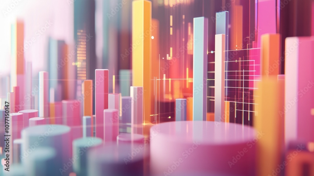 Poster colorful abstract visualization of data and statistics represented through 3d bar charts and cylinde