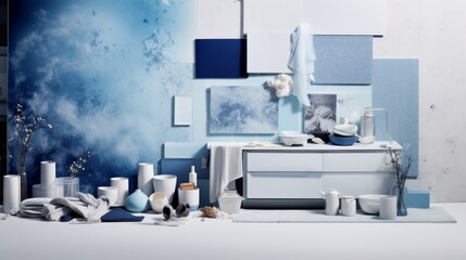 mood board collage design interior kitchen white and blue colours 