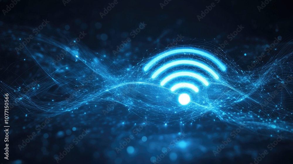 Poster abstract representation of wireless technology with blue wi-fi signal in a digital environment featu
