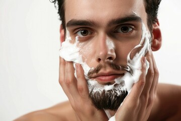 Close up of young man applying shaving foam for face care.