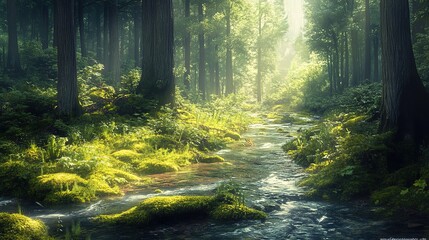 Obraz premium Clear forest stream, untouched wilderness, vibrant moss, peaceful solitude.