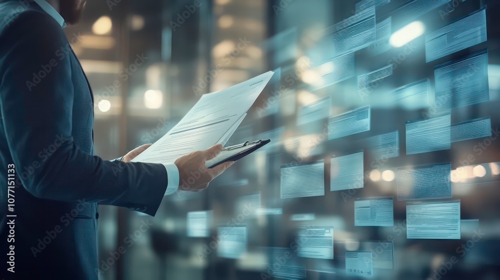 Poster a businessman in a suit standing in front of a wall of data, holding a clipboard and documents.