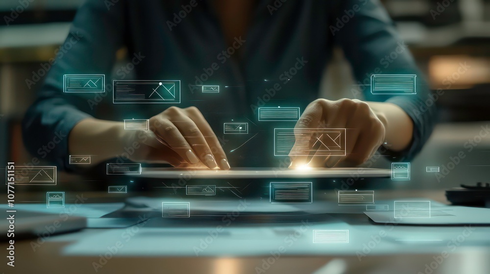 Poster woman using a tablet with email icons floating above it, representing communication and digital conn