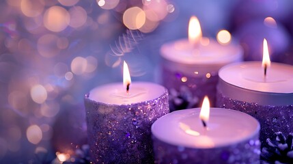 A serene scene of Advent candles with sparkling purple glitter on the flames, surrounded by a soft, abstract bokeh background of holiday lights