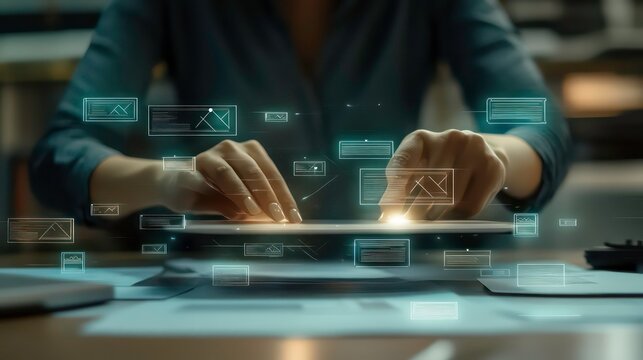 Woman using a tablet with email icons floating above it, representing communication and digital connectivity.