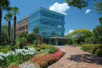 Fototapeta premium Modern Office Building with Landscaped Gardens and Brick Pathway