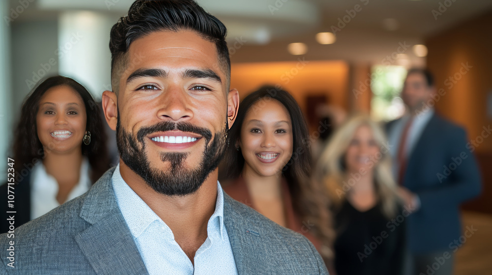 Wall mural Smiling businessman with colleagues in the background.