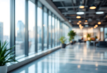 A beautiful blurred background showcasing a light, modern office interior with expansive panoramic windows that allow natural light to flood the space. The soft, diffused lighting creates an inviting 