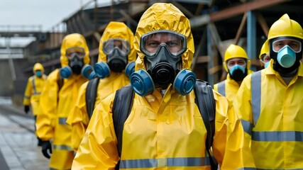 A team of professionals in bright yellow hazmat suits and protective gear stands prepared for a decontamination task at an industrial facility under overcast skies