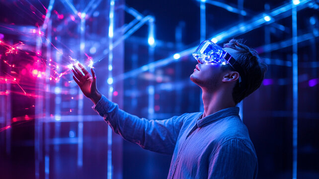 Immersive virtual reality experience with man wearing VR goggles