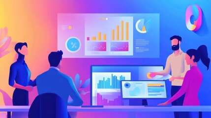 Business Team Analyzing Market Differentiation and Brand Positioning Strategy with AI Data Visualization in Office Setting, Colorful Charts, Analysis