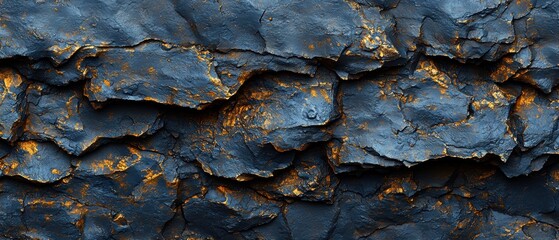 Textured Dark Blue and Gold Rocks Surface with Detailed Crevices and Natural Patterns Ideal for Backgrounds, Design Elements, and Artistic Projects