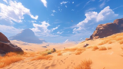 Fototapeta premium Expansive desert, soft golden sands, clear blue sky, calm atmosphere.