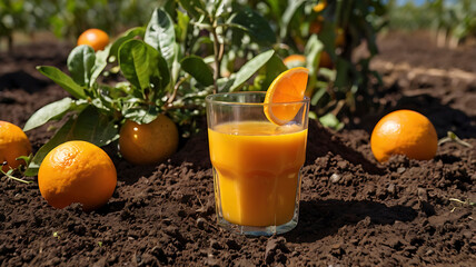 Immersed in Orchard Freshness A Crisp Glass of Juice Among Ripe Oranges