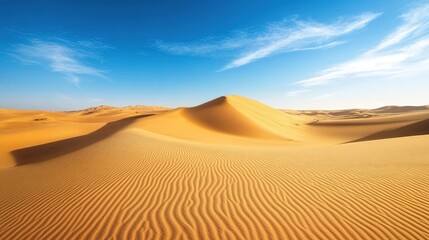 Expansive desert, soft golden sands, clear blue sky, calm atmosphere.