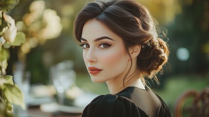 Obraz premium Elegant Woman with Graceful Hairdo Posing Outdoors in Soft Evening Light Among Flowers, Exuding Confidence and Classic Beauty Amidst a Relaxed Setting