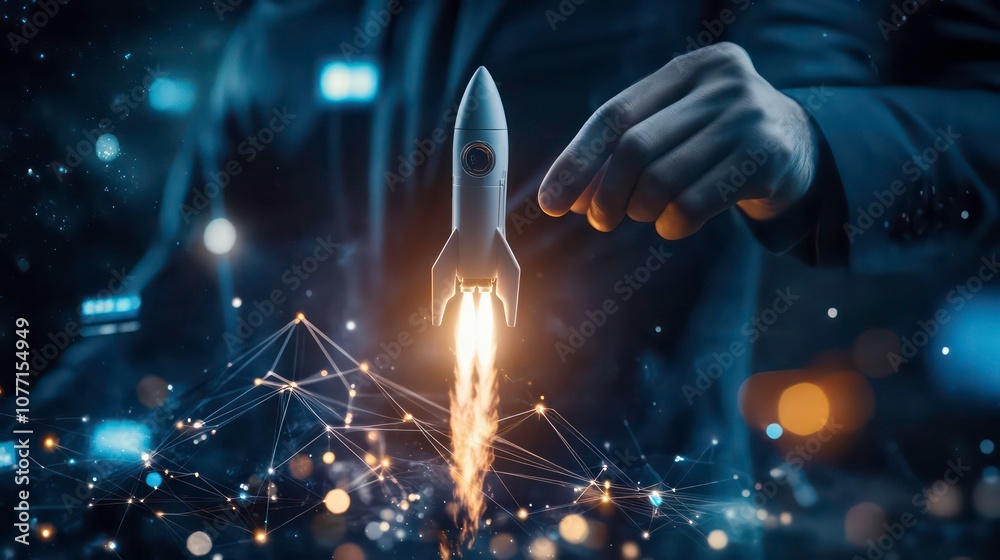 Aufkleber businessman launching digital startup with rocket and network line connection, concept for ideas, de