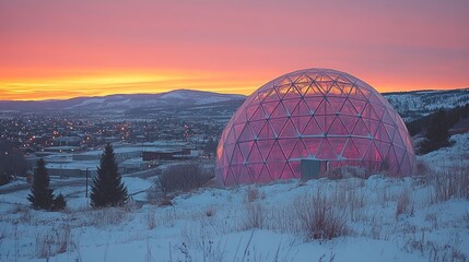 A geodesic dome sits on a snowy hilltop, illuminated by a vibrant sunrise.