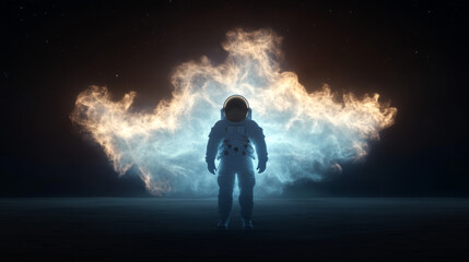 Fototapeta premium Astronaut standing in a glowing, ethereal light against a dark background.