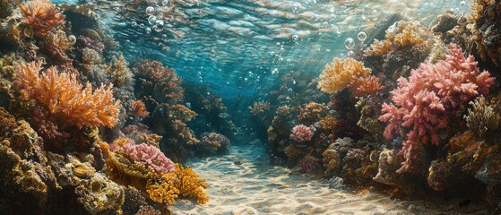 Vibrant Underwater Coral Reef Scene with Diverse Marine Life and Beautiful Colorful Corals Surrounded by Clear Blue Water and Bubbles