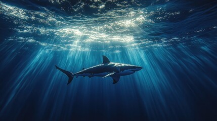 A great white shark swims through the deep blue ocean with sunlight shining down from above.