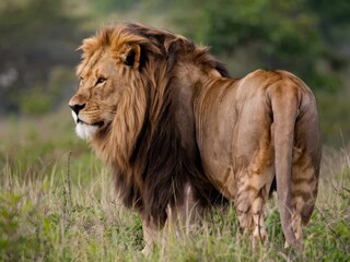 Majestic Lion with Thick Mane Standing Proudly in Grass, Facing Left - Warm Toned Wildlife Photography