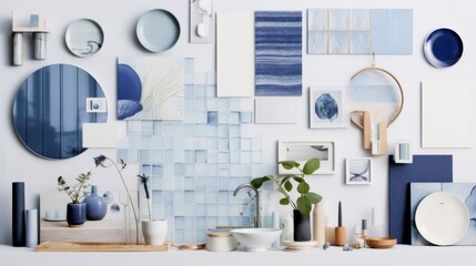 mood board collage design interior kitchen white and blue colours wall tiles mosaic