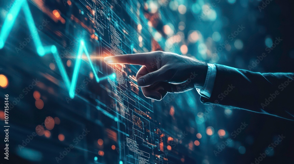 Poster businessman pointing at digital arrow graph representing corporate future growth plan, data analytic